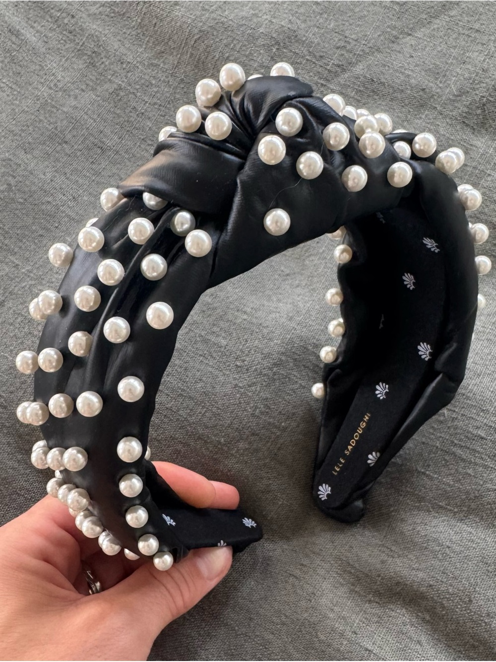 Lele Sadoughi Black Knotted Headband with Ivory Pearl Embellishments